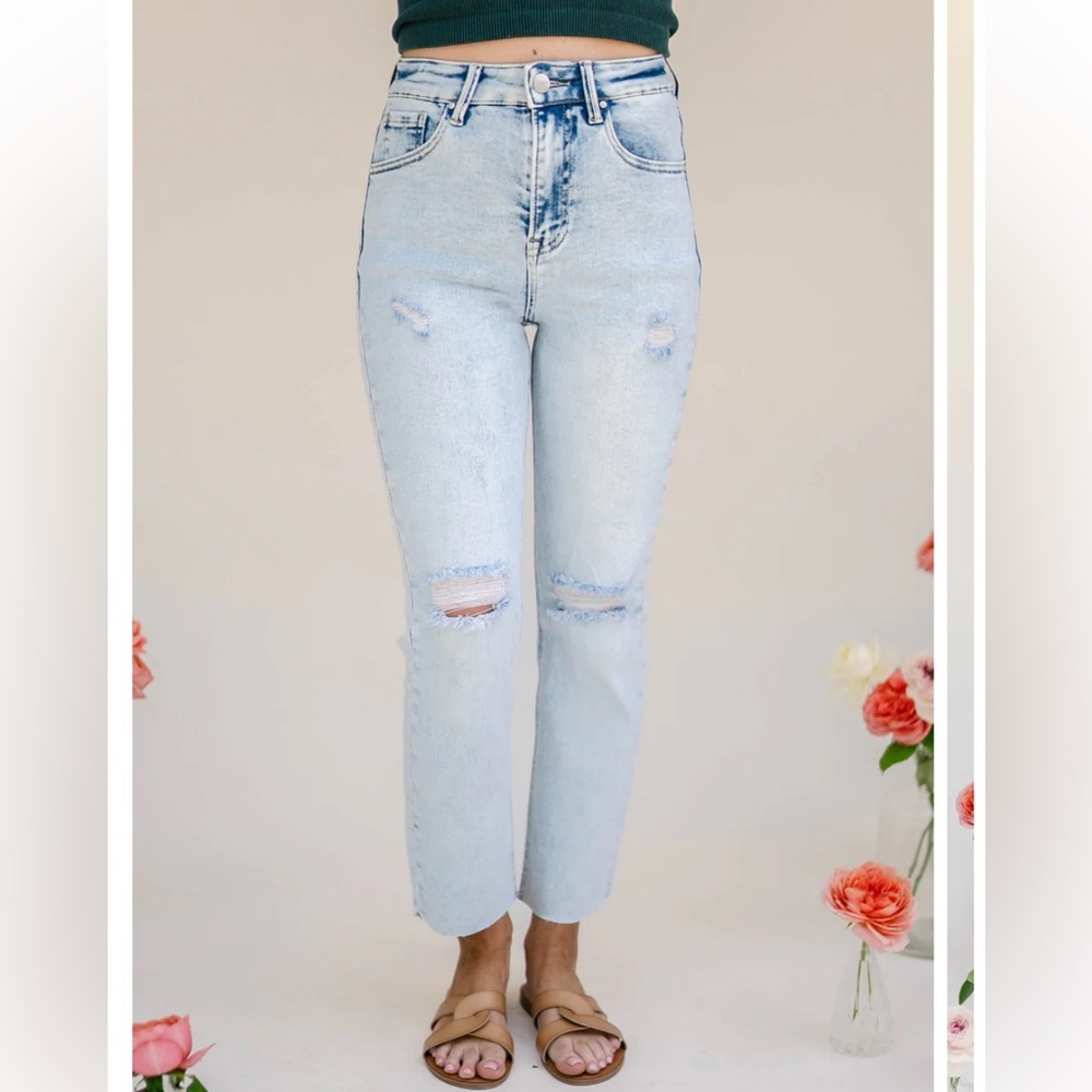Risen High Rise Crop Straight Leg Jeans‎ 32W/15 Washed Denim New With Tags